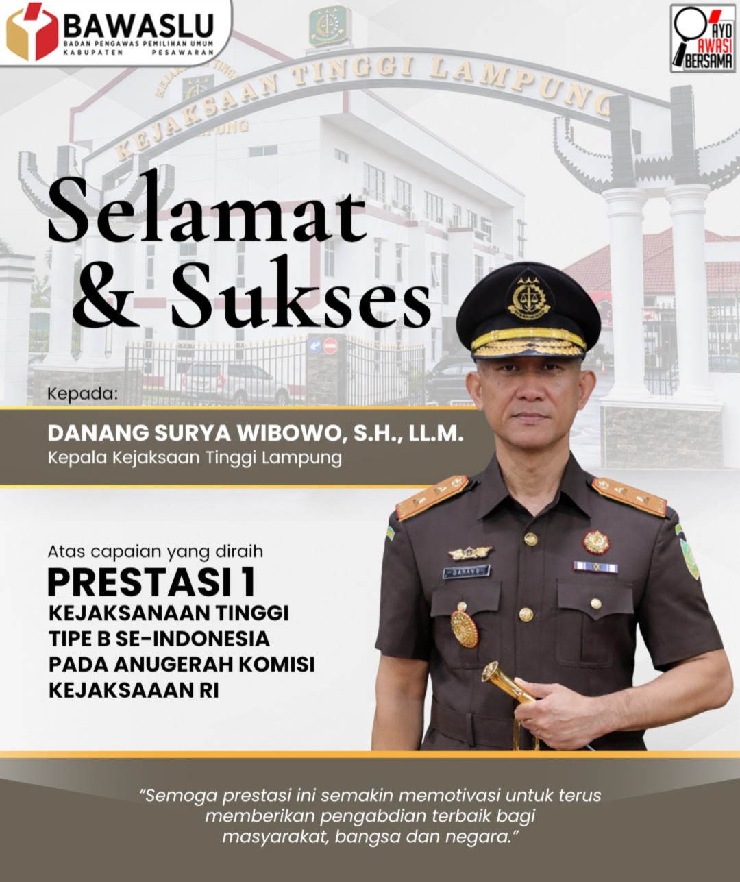 Bawaslu Kabupaten Pesawaran Ucapkan Selamat dan Sukses kepada Kepala Kejaksaan Tinggi Lampung atas Prestasi Nasional
