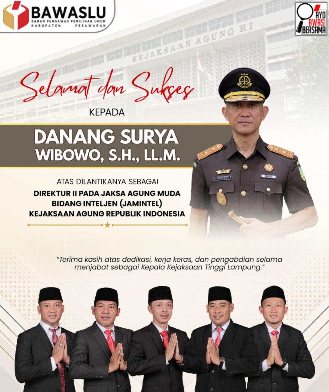 Danang Suryo Wibowo Emban Amanah Baru, Bawaslu Kabupaten Pesawaran Sampaikan Selamat dan Sukses