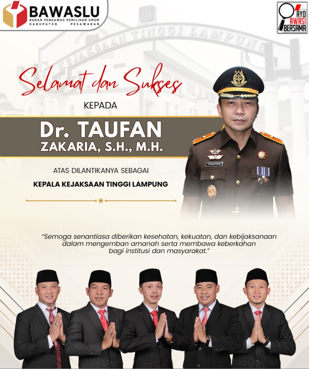 Bawaslu Kabupaten Pesawaran Sampaikan Selamat atas Amanah Baru Taufan Zakaria sebagai Kajati Lampung